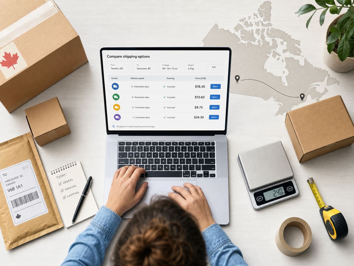 Canadian shipping rate comparison checklist with parcels, label, scale, and laptop